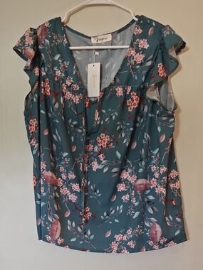 SnowFlake Floral Teal V-Neck Ruffle Sleeve Blouse, Size XL